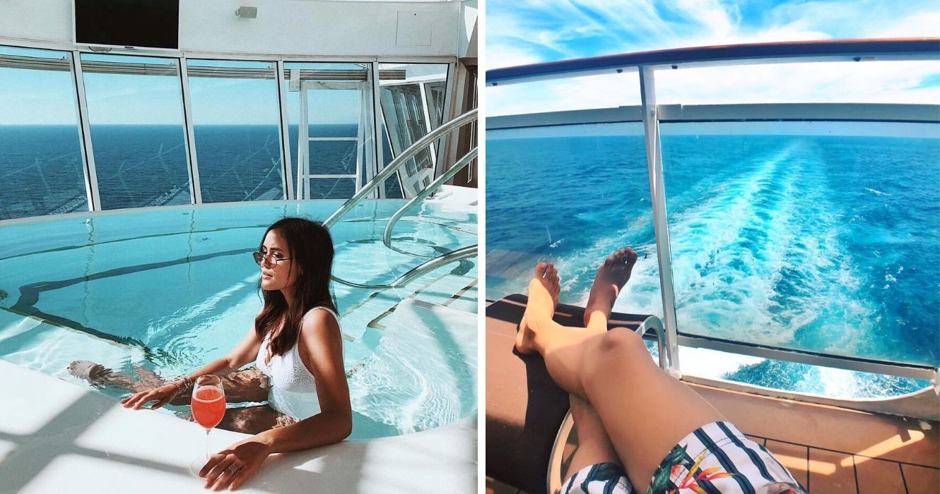 Serviços que os turistas supõem que a maioria dos cruzeiros oferece, mas não oferecem 3 uma garota na piscina em um cruzeiro, um passageiro descansando na parte de trás de um navio de cruzeiro