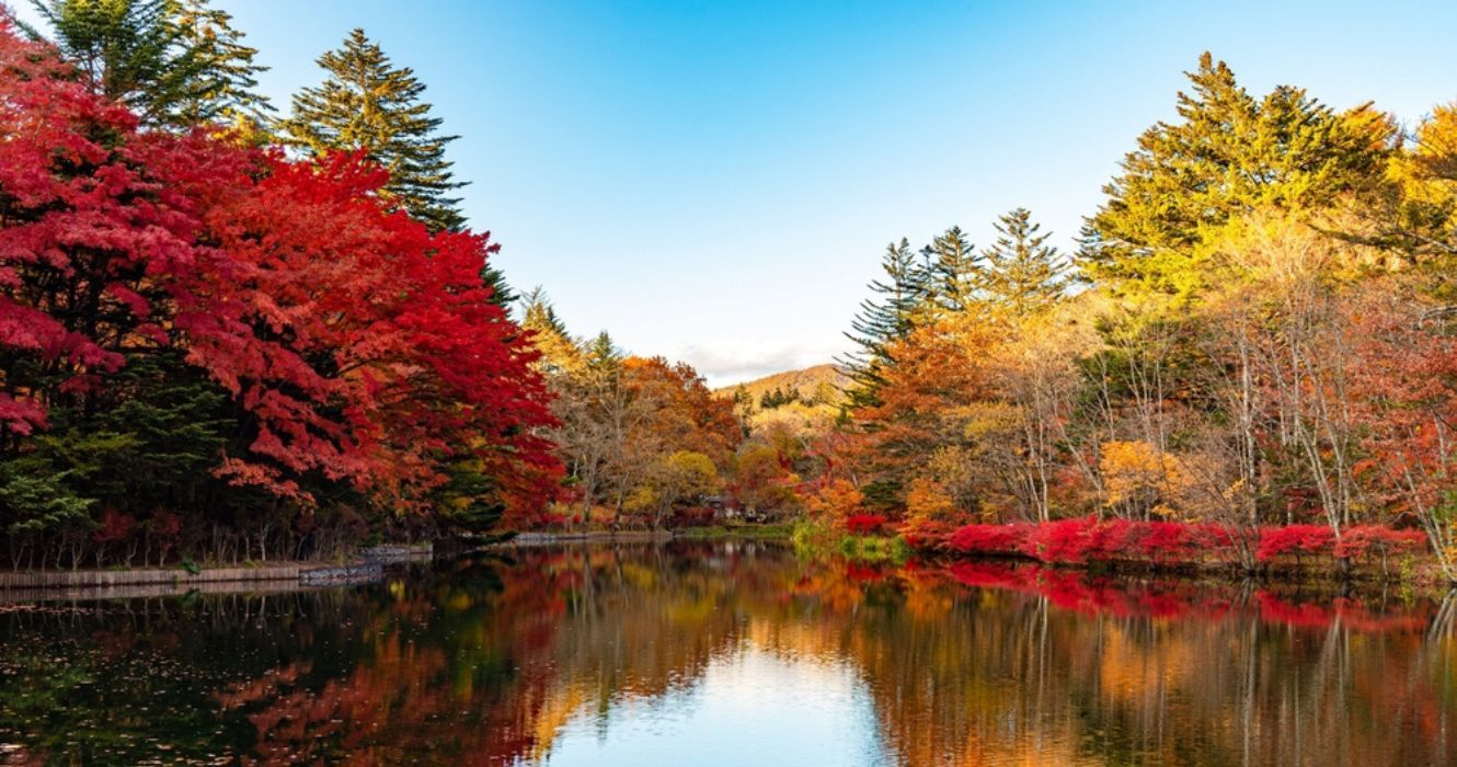 Os 10 melhores lugares para ver a folhagem de outono no Japão 3 Folhagem de outono e um lago em Karuizawa, Nagano Prefecture, Japão
