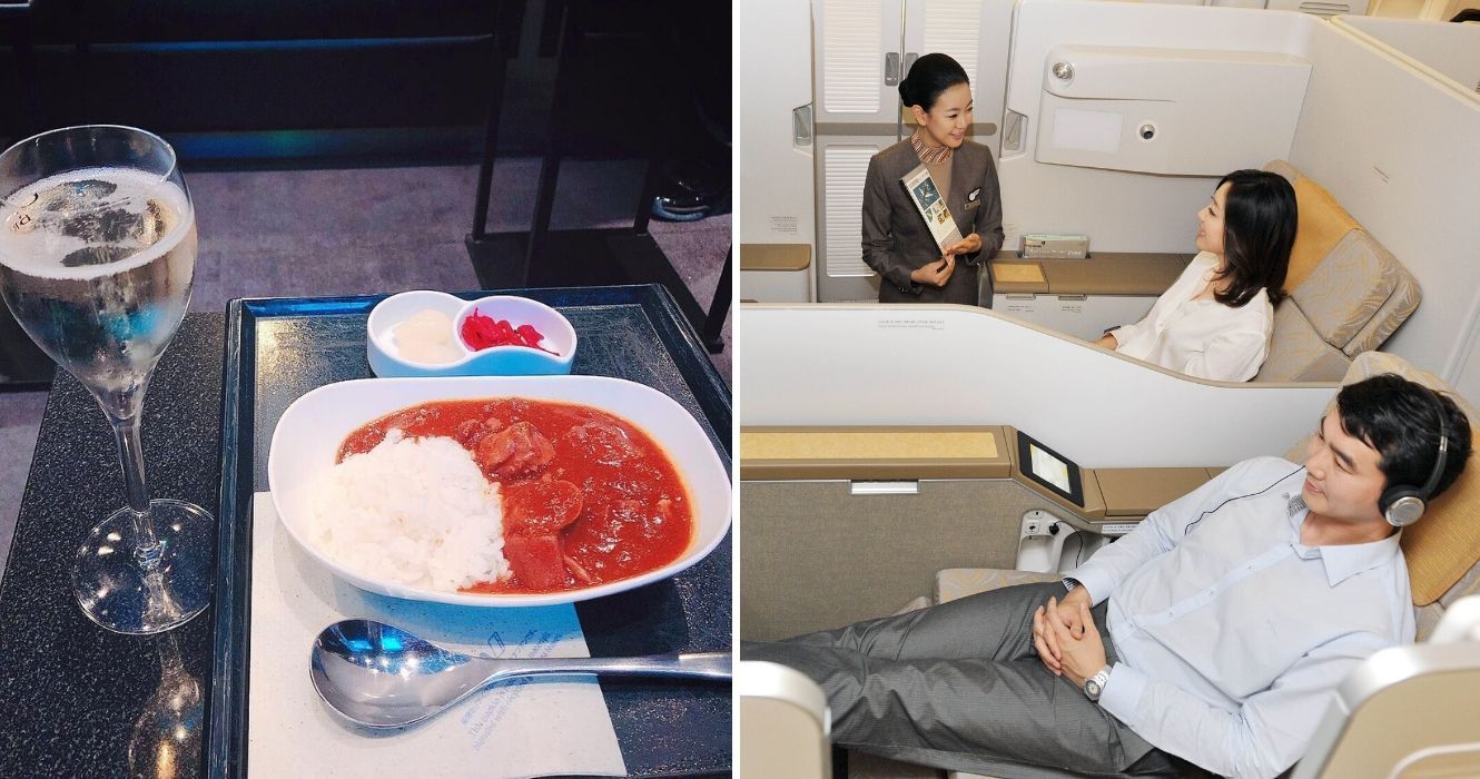 Por que a Skytrax classifica essas companhias aéreas como as mais altas 3 os passageiros da asiana airlines se reclinam em seus assentos, uma refeição servida na asiana airlines